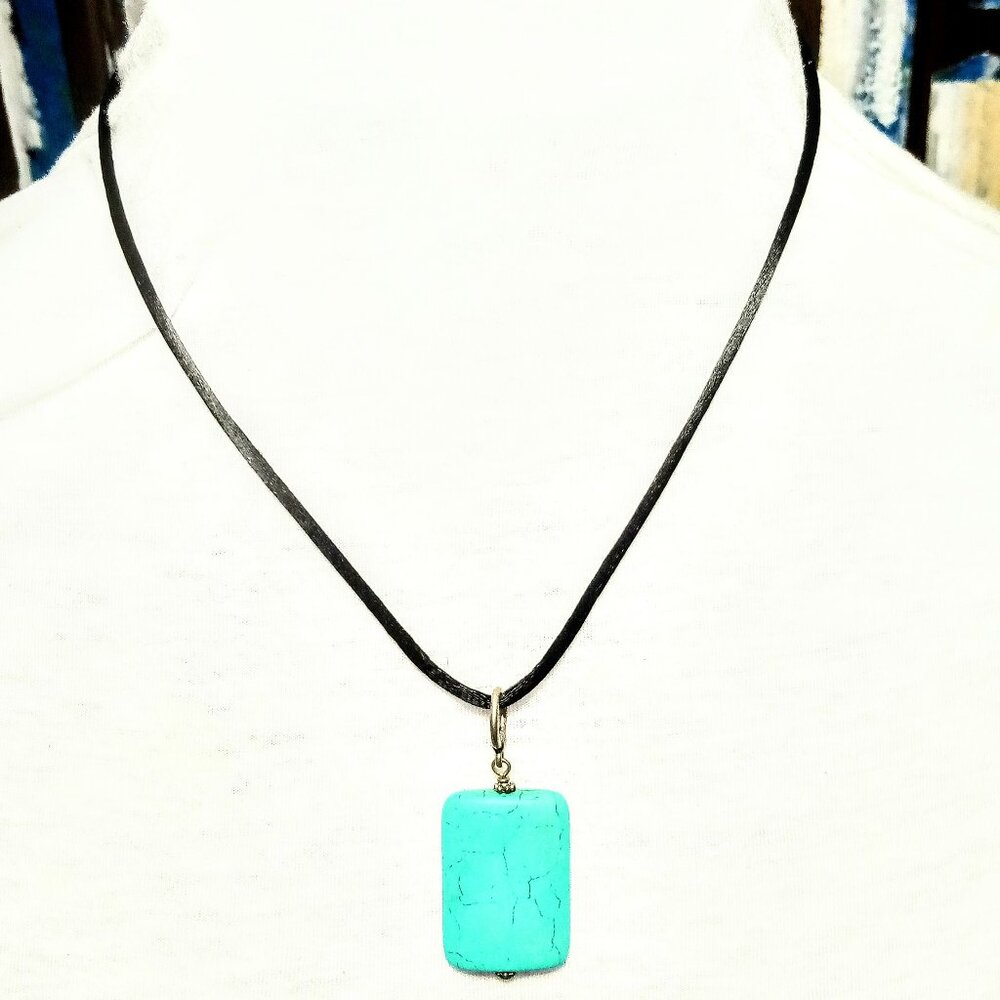 SOLD!! Vintage Rectangular Turquoise Pendant on Black Satin Cord 22.5" Long